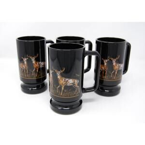 4 Black Glass Pedestal Mug Tankard Stein Deer Buck Tiara Indiana Vintage #10391